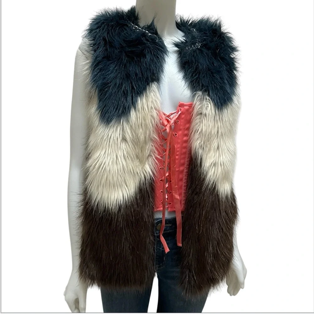 Guess Fur Vest Chain Detail Color Block Shaggy Chic Indie Sneeze‎ Boho Sz XSmall
